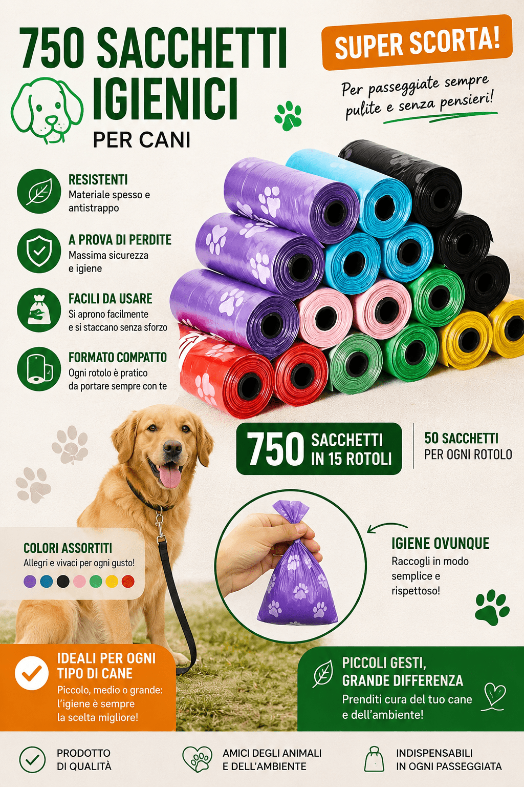 750 Sacchetti Igienici per Cani 50 Rotoli da 15 Sacchetti Raccolta Deiezioni - cucina da cane