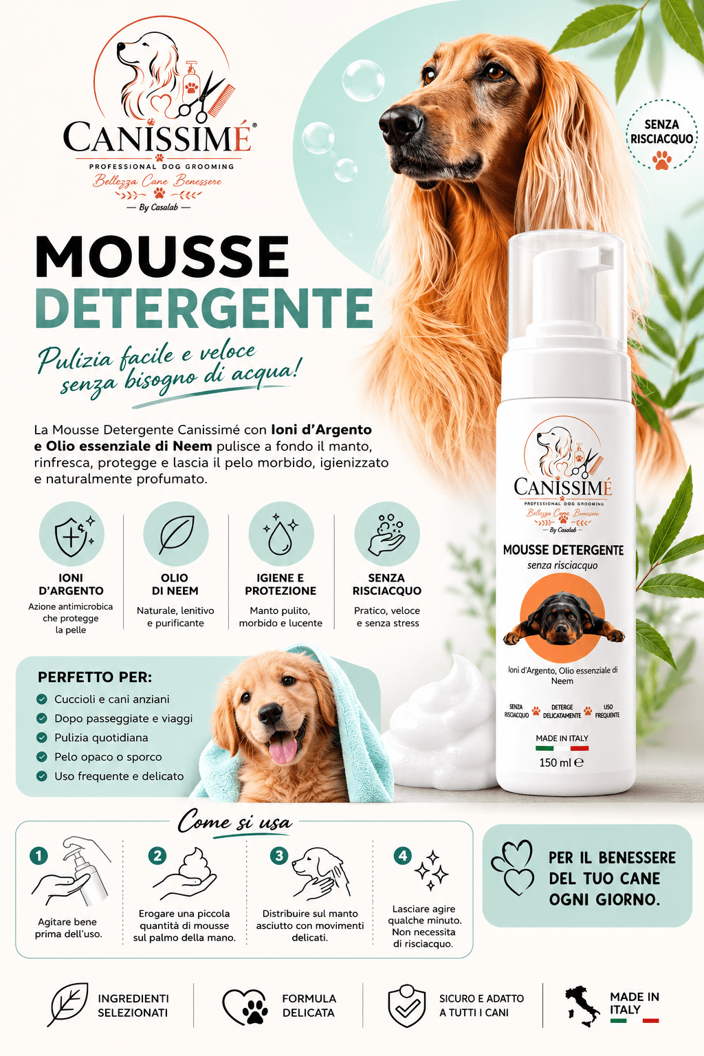 Mousse detergente con ioni d'argento e olio di Neem - cucina da cane